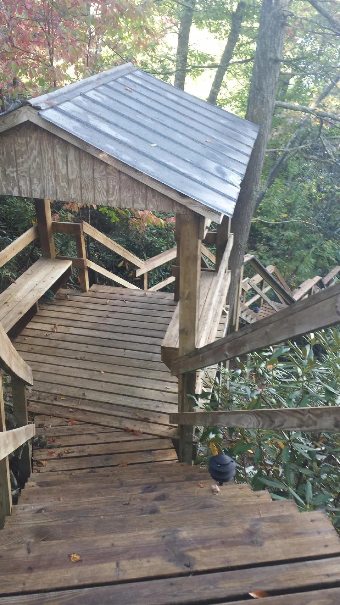 Metal roofed shelter over wooden steps on a wooded walkway — Skylight Repair & Installation work by our crew in Anderson